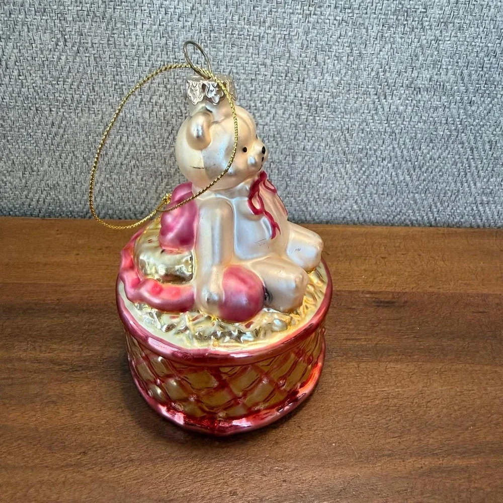 Glass Teddy Bear Ornament Sitting in Basket Pink Bow Christmas Holiday Decor